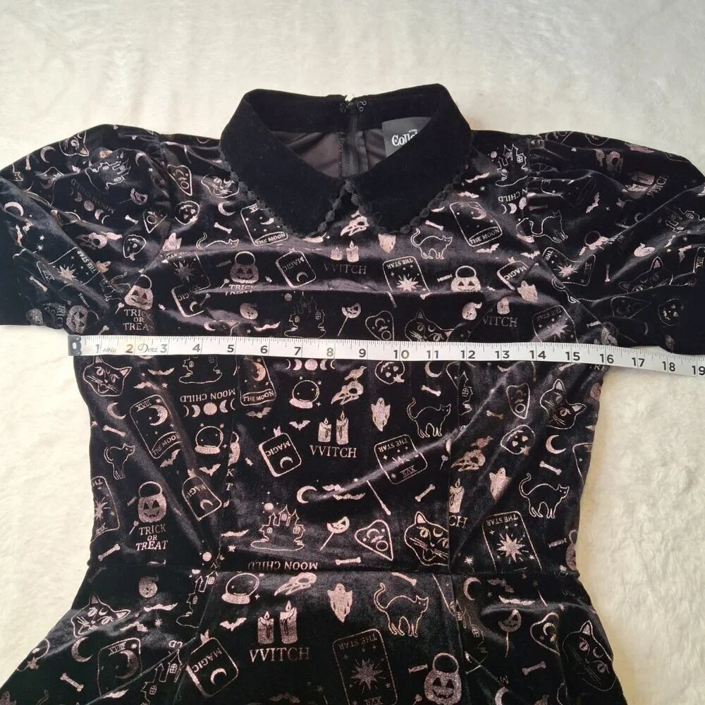 Collectif London Halloween Skater Dress Midi Sz S Velvet Novelty Print Pockets - Picture 11 of 16